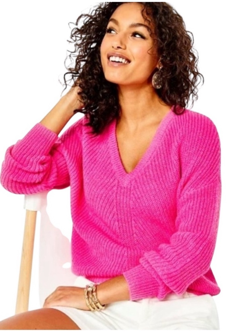 Lilly Pulitzer Bright Pink V-Neck Knit Sweater - Picture 1 of 6